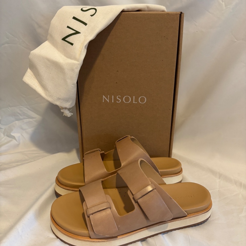 Nisolo Ella Go-To Flatform Slide, Size 5, Almond, NEW!!